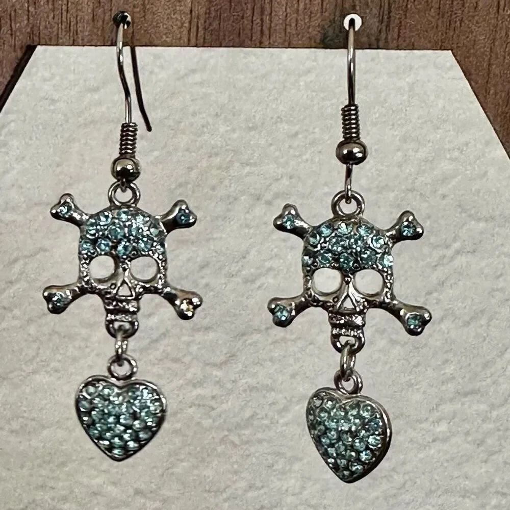 Blue skull and heart rhinestone drop earrings